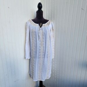 SCOOP NYC White Gauze Embroidered Tie Dress Lighweight Beach Cover Up Cotton OS
